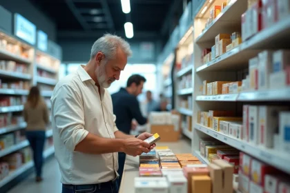 Homme examinant une cartouche de cigarettes dans un magasin duty-free en Andorre