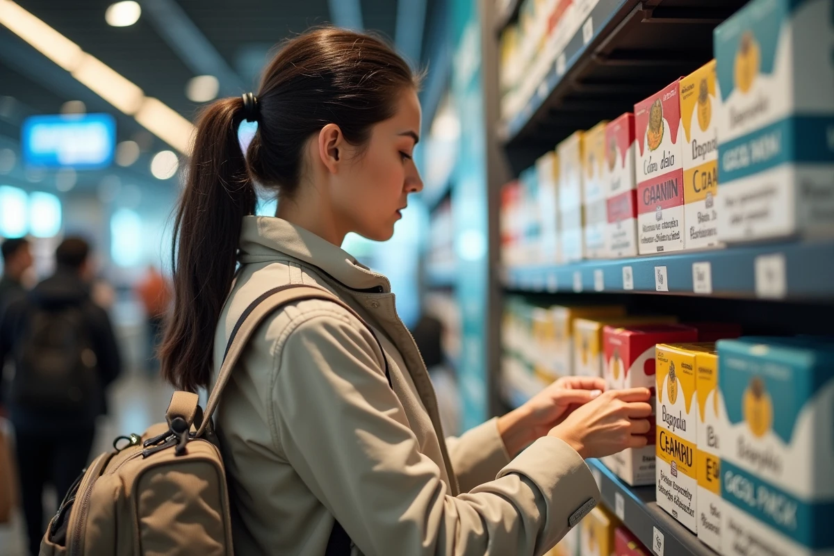 Femme consultant les cartouches de cigarettes dans une boutique hors-taxe d'un aéroport espagnol