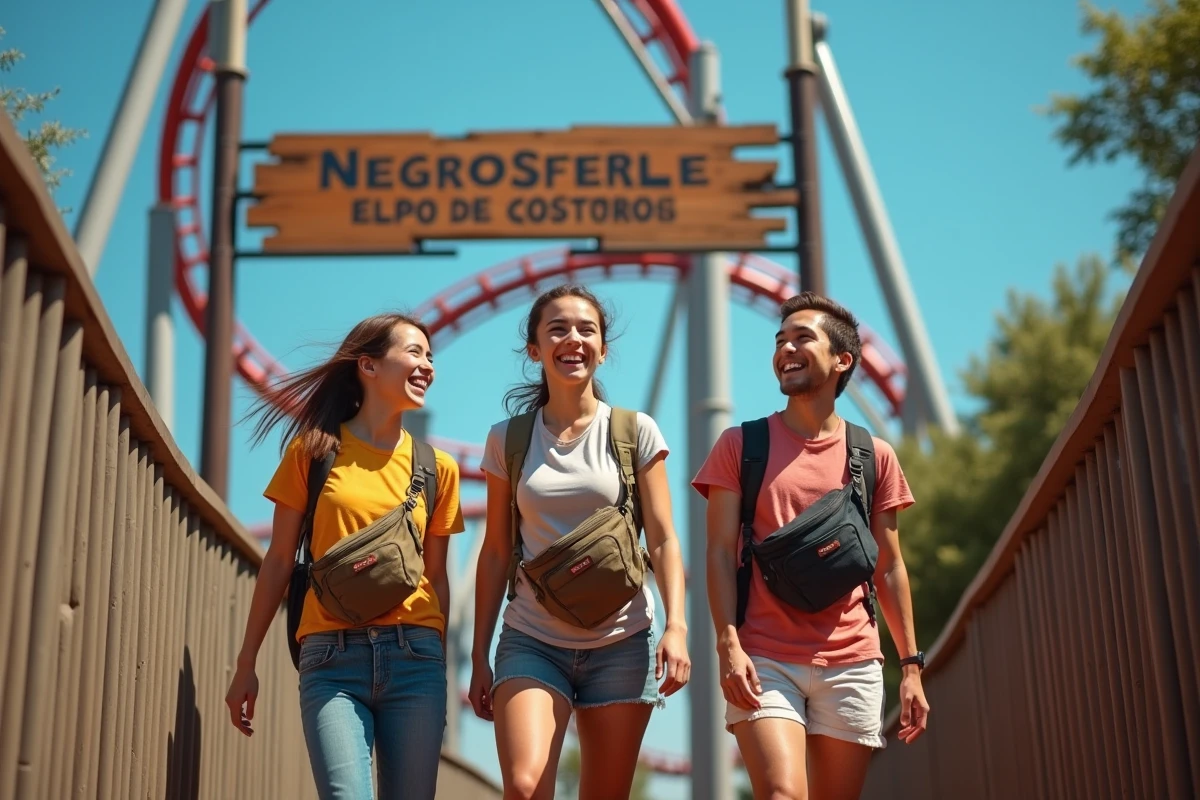 Groupe d'amis dans la file d'attente d'une montagne russe au parc d'attractions Aventura en Espagne