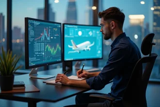 Jeune homme analysant des données de vol en bureau