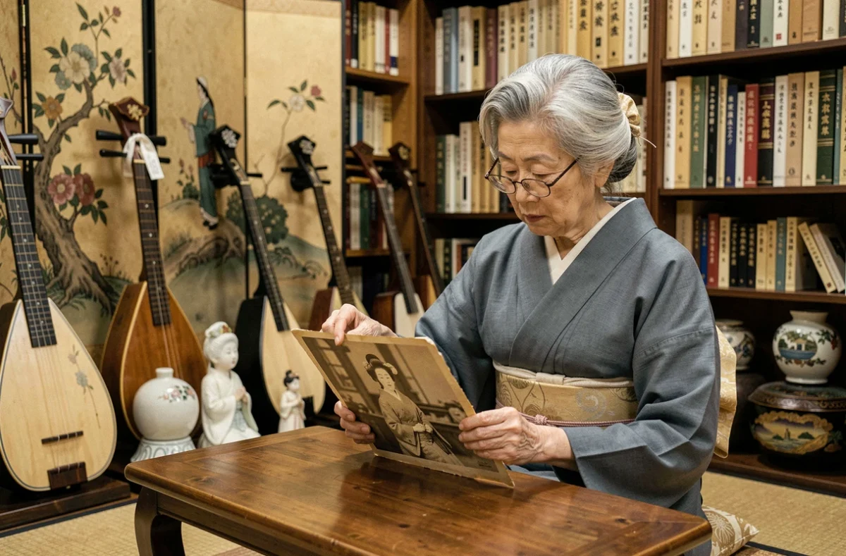 Ancienne geisha âgée examinant une photographie historique sépia dans une boutique d'antiquités japonaises à Kyoto