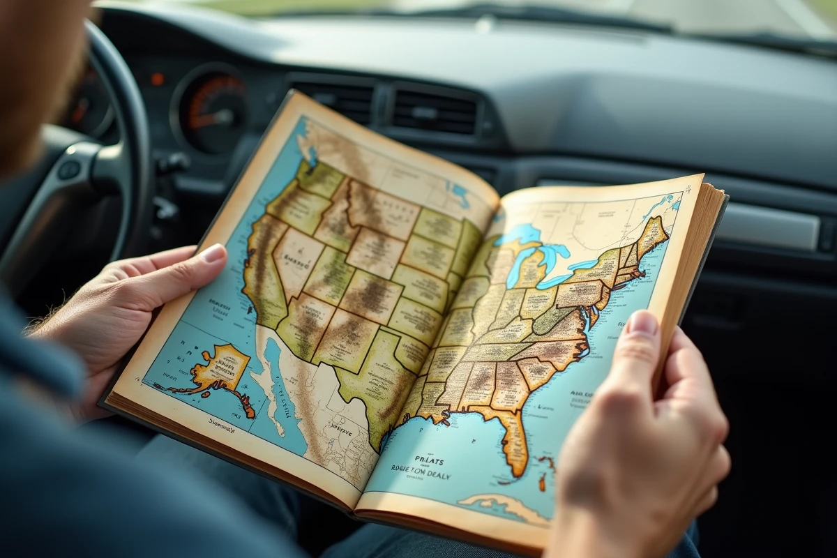 Gros plan de mains tenant un atlas routier des États-Unis ouvert sur une carte détaillée des grandes villes américaines