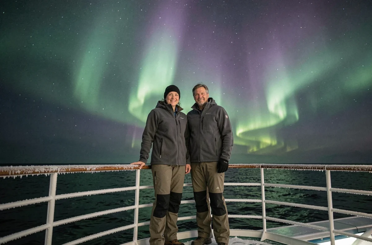 Couple observant les aurores boréales depuis le pont d'un navire de croisière dans l'Arctique