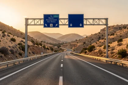 Autovía espagnole traversant des collines sèches au coucher du soleil