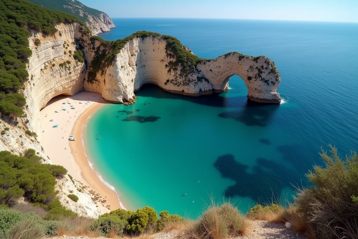 Vue panoramique sur les arches rocheuses naturelles de la Baia delle Zagare sur la côte du Gargano dans les Pouilles