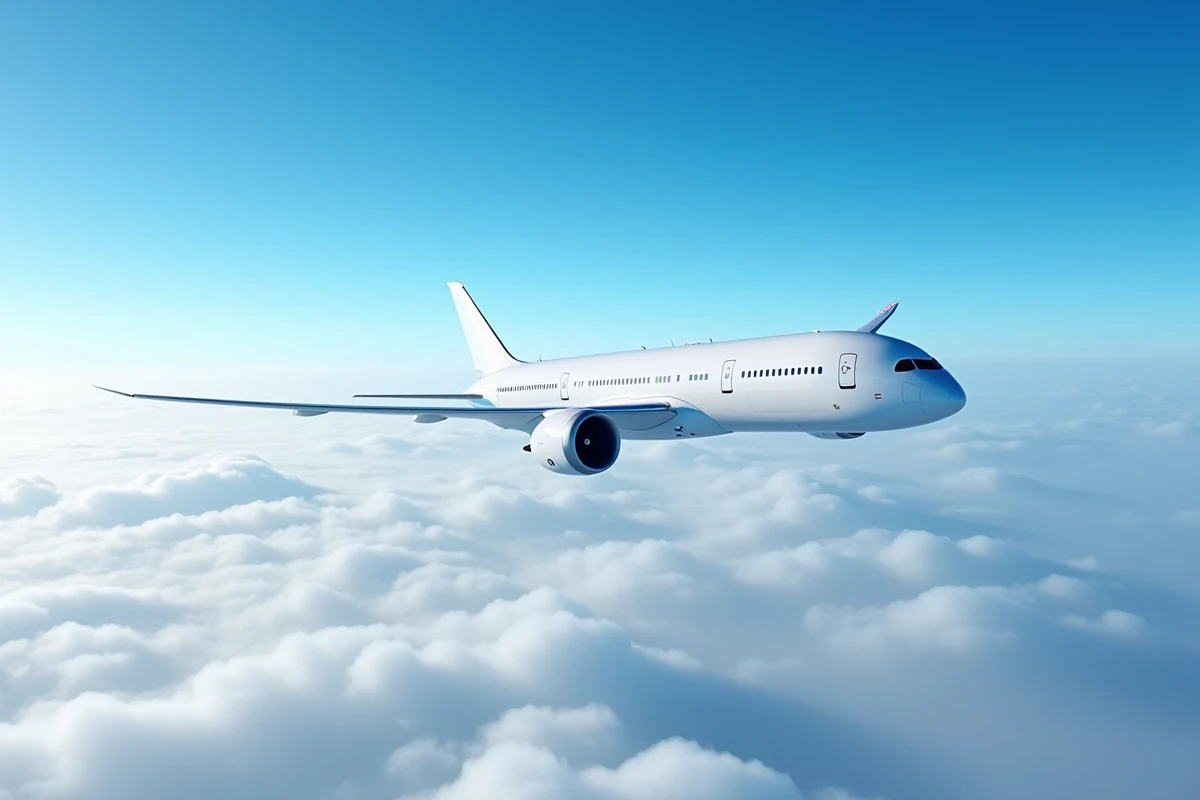 Boeing 787 Dreamliner en vol de croisière au-dessus des nuages, représentant les vols transatlantiques actuels Paris New York comparés au Concorde