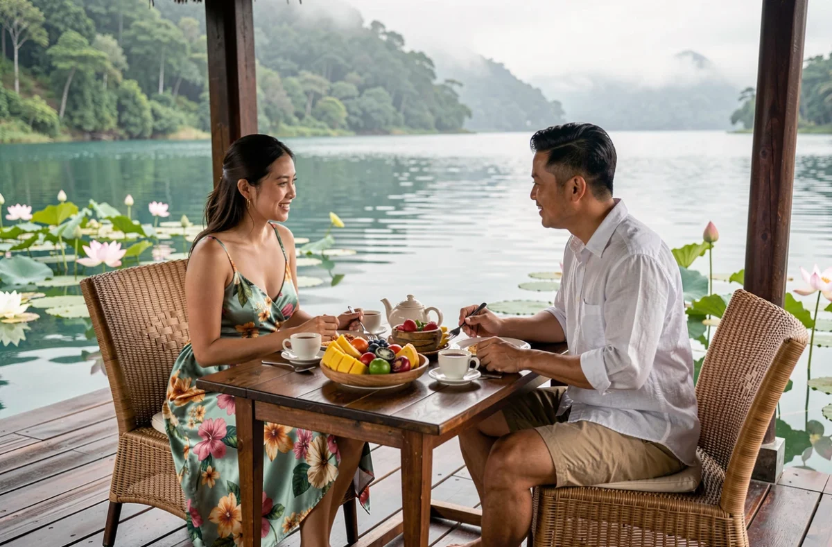 Couple prenant un petit-déjeuner romantique sur un bungalow sur pilotis au bord d'un lac cambodgien