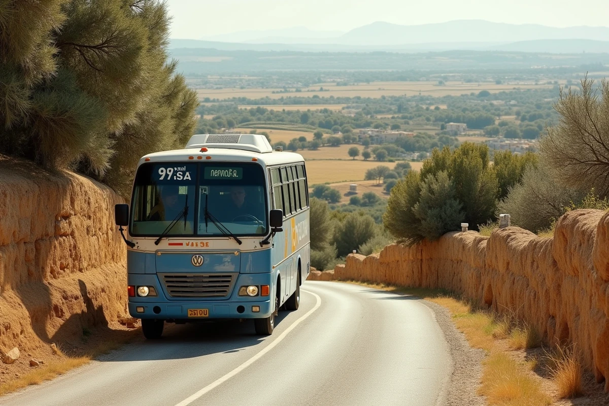 Bus régional traversant la campagne des Pouilles avec trulli et oliveraies, voyage sans voiture en Italie