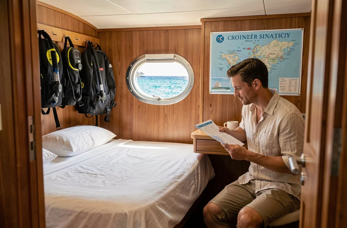 Cabine d'un bateau de croisière plongée aux Maldives avec hublot sur le lagon