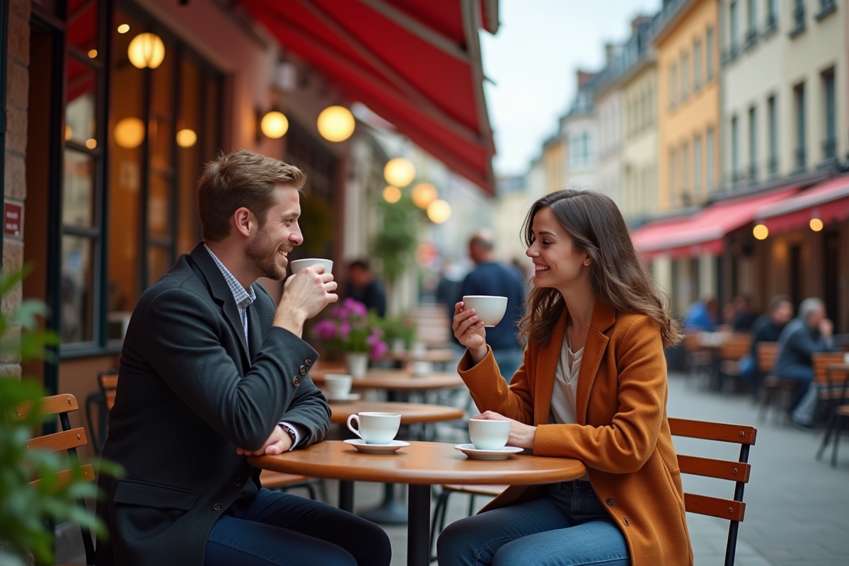 Couple dégustant un café dans un café extérieur à Lille