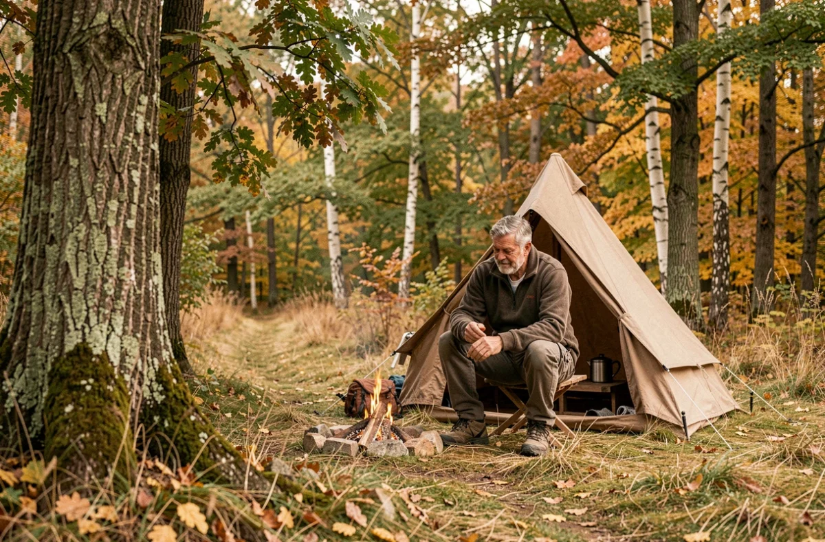 Camping Au Pays de Hanau avec un campeur près d'un feu de camp entouré de forêts d'automne en Alsace