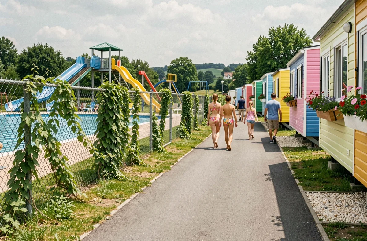 Camping Capfun Le Giessen avec parc aquatique et mobil-homes au bord de la rivière en Alsace