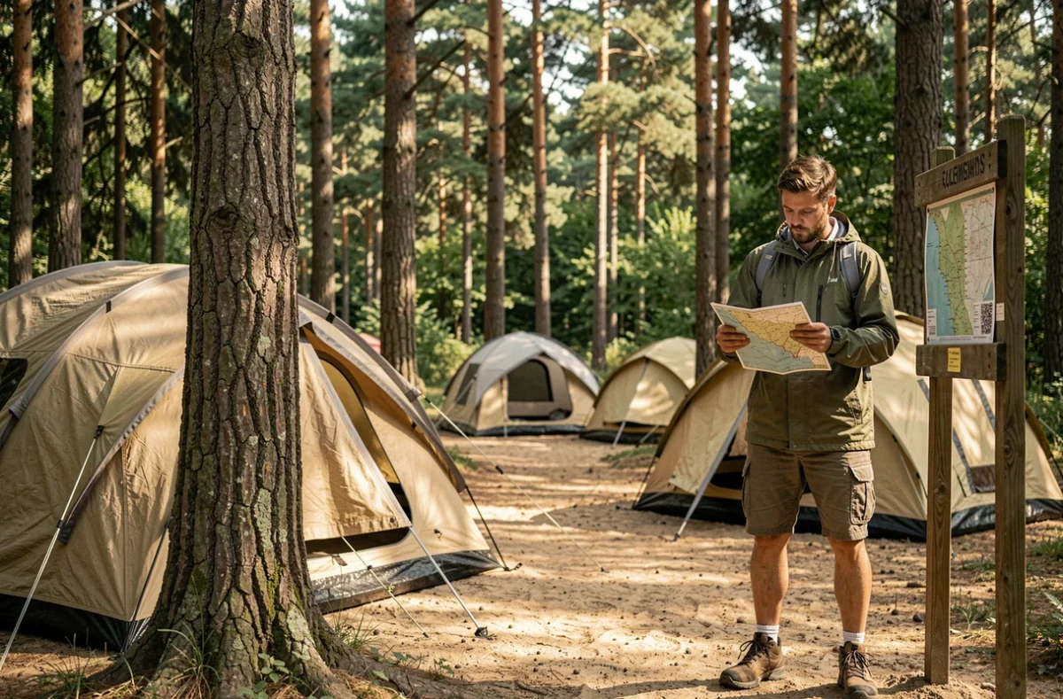 Camping de la Forêt à Haguenau avec tentes sous les pins et randonneur consultant une carte forestière