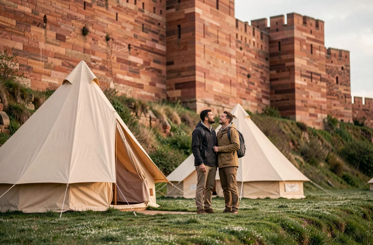 Camping de la Forteresse à Lichtenberg avec tentes au pied des remparts médiévaux en grès rouge du Bas-Rhin