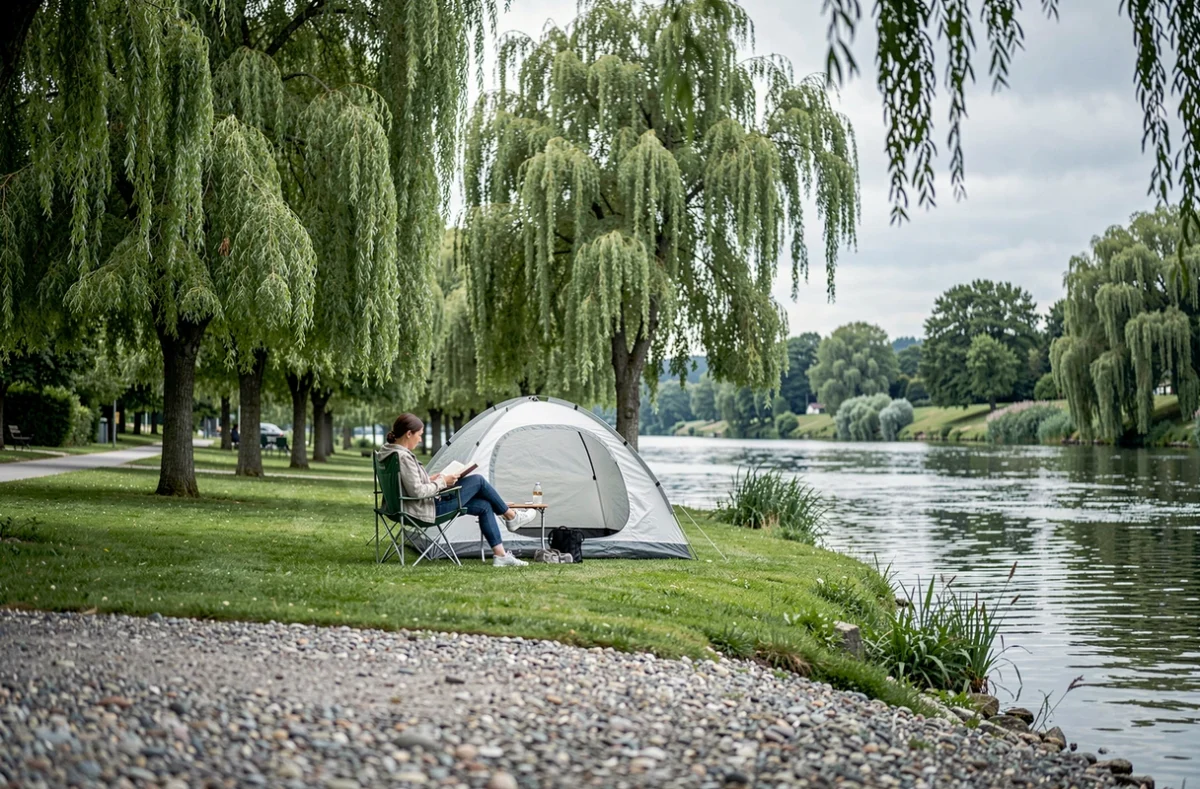 Camping de l'Ill au bord de la rivière Ill avec tente et campeur dans un cadre verdoyant proche de Colmar