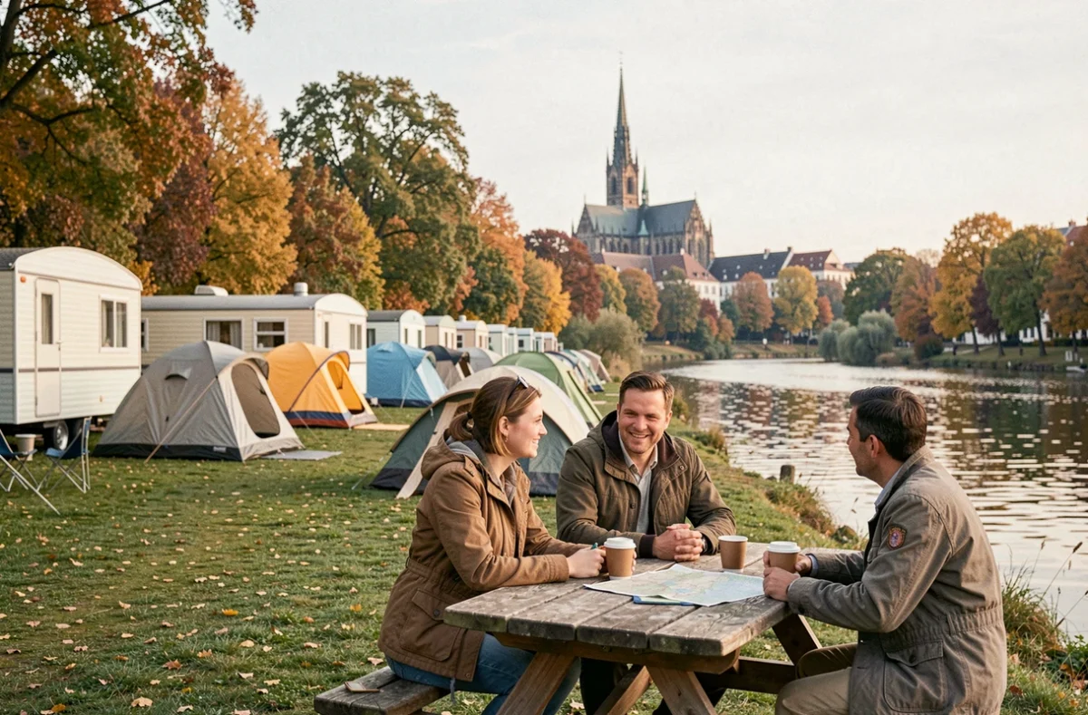 Camping de Strasbourg avec vue sur la cathédrale et des campeurs installés au bord de l'eau
