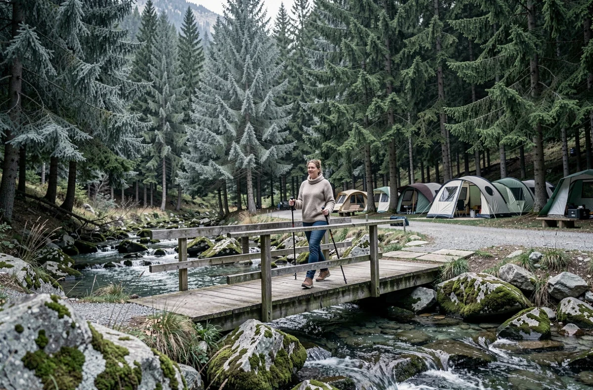 Camping du Hohwald dans les Vosges du Bas-Rhin avec randonneuse sur un pont de bois au-dessus d'un ruisseau de montagne