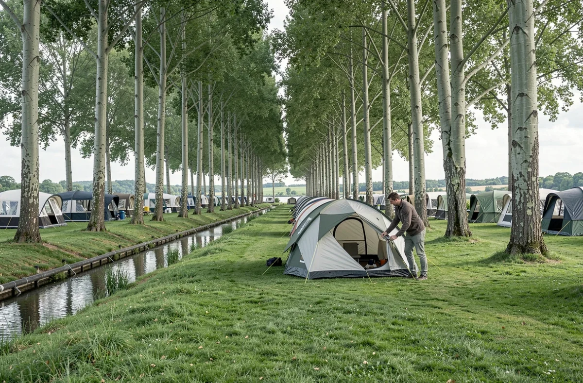 Camping du Ried à Boofzheim avec tente familiale au bord d'un canal entouré de peupliers en plaine alsacienne