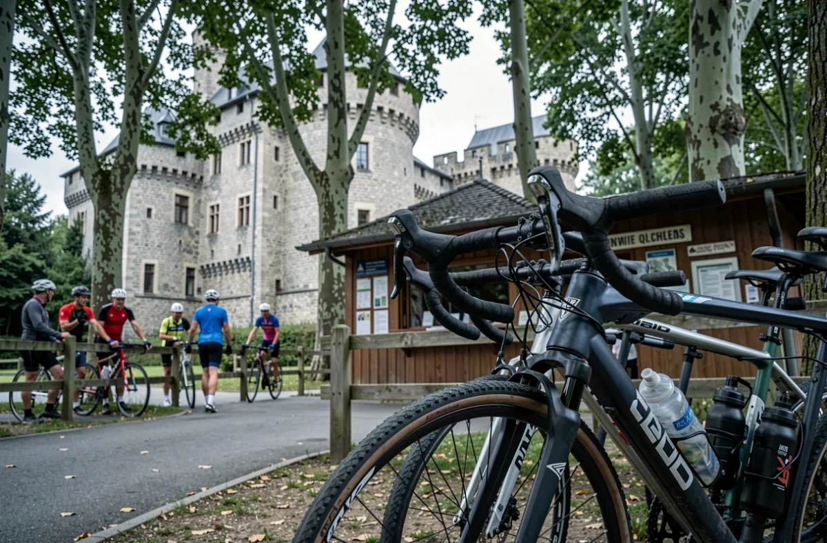 Camping Municipal de Saverne avec cyclistes devant le château des Rohan entouré d'arbres en Alsace