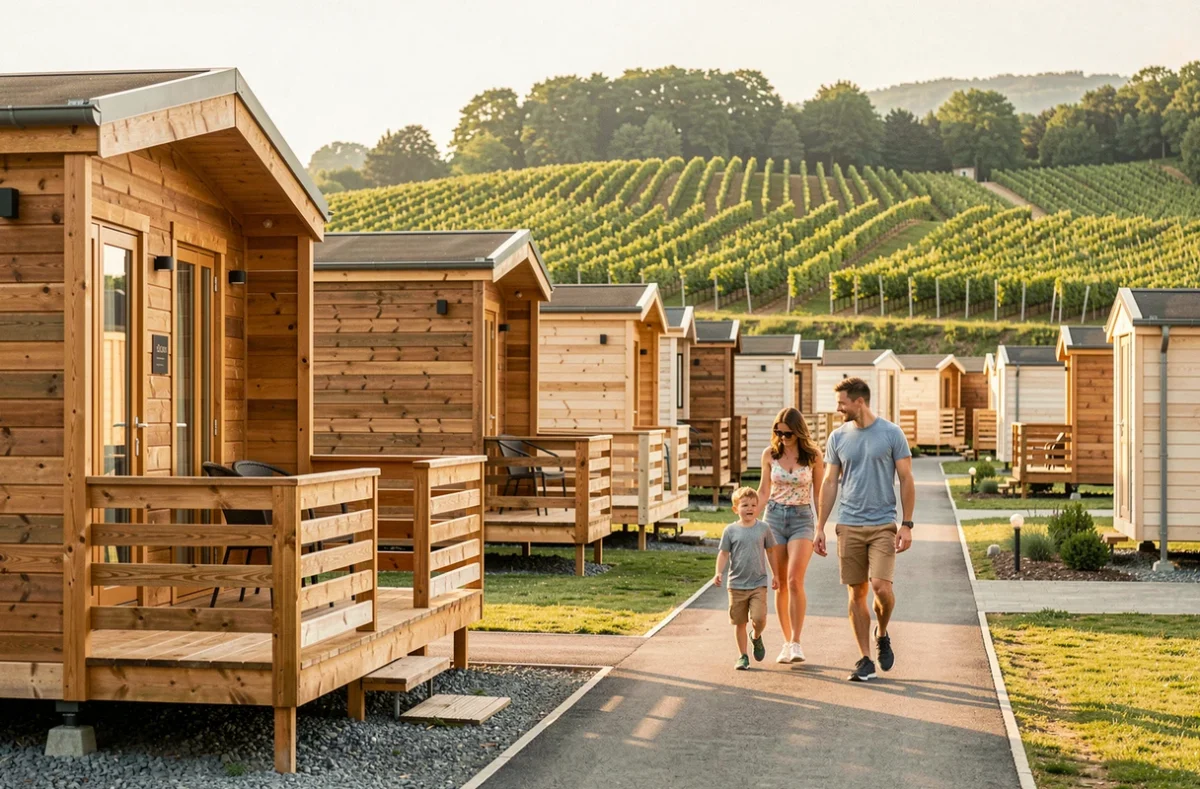 Camping Seasonova Les Portes d'Alsace avec chalets en bois et vue sur les vignobles alsaciens