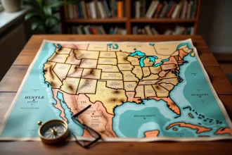 Carte détaillée des États-Unis posée sur une table en bois avec boussole et lunettes, montrant les grandes métropoles américaines
