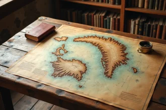 Carte physique détaillée du Groenland avec reliefs, zones de banquise et routes maritimes posée sur une table de cartographe en bois