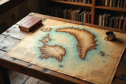 Carte physique détaillée du Groenland avec reliefs, zones de banquise et routes maritimes posée sur une table de cartographe en bois