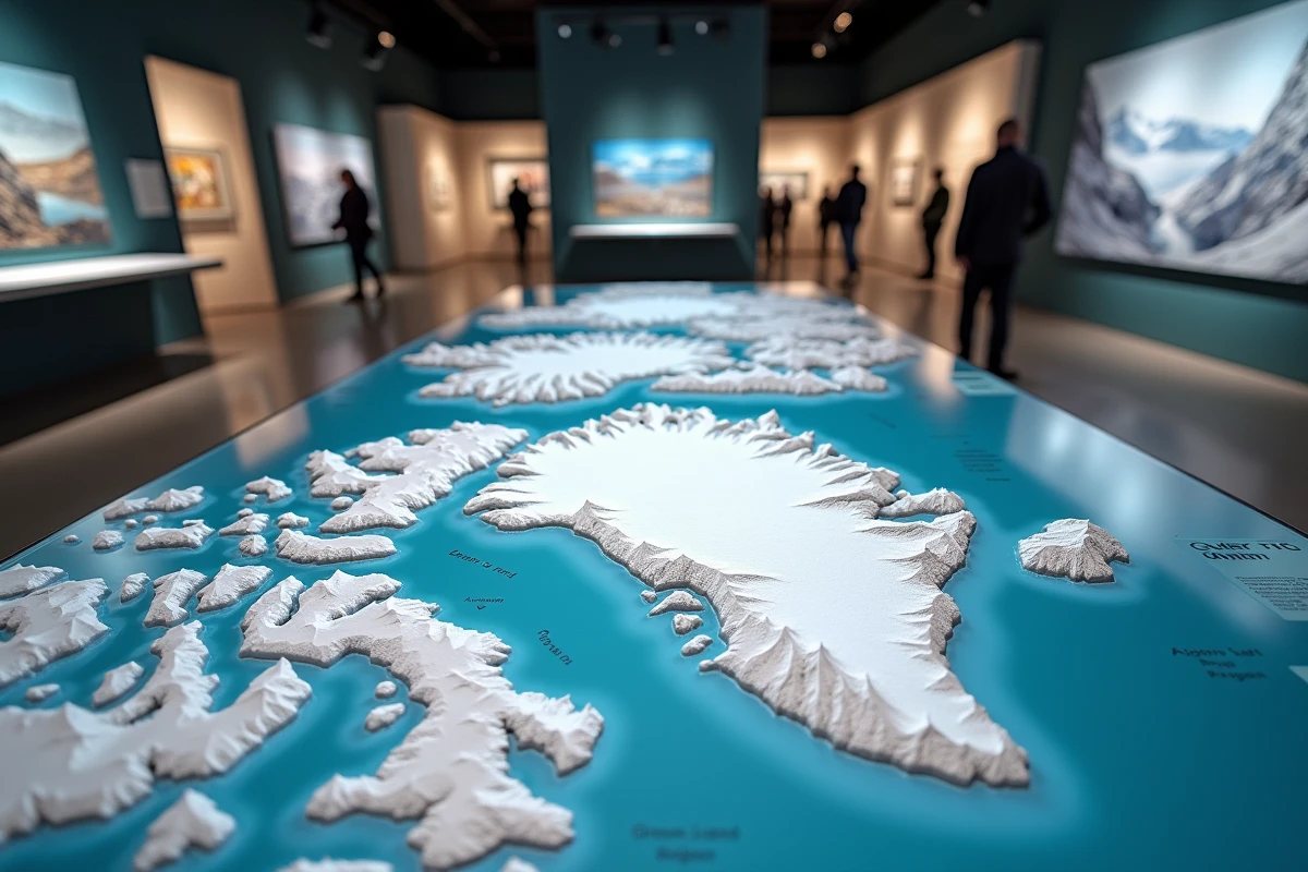 Carte du Groenland en relief exposée dans un musée d'histoire naturelle montrant la banquise, les reliefs côtiers et les voies maritimes arctiques