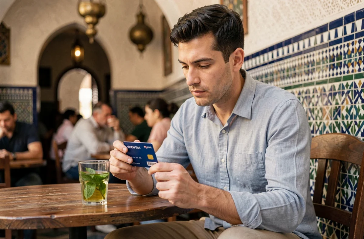 Homme examinant une carte SIM locale marocaine dans un café traditionnel au Maroc lors d'un voyage