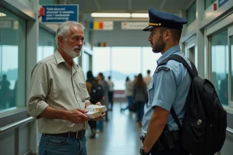 Voyageur présentant des cartouches de cigarettes à un agent des douanes espagnoles à un poste frontière