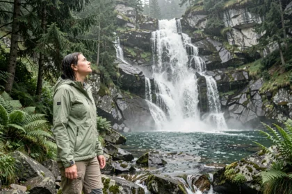 Randonneuse admirant une cascade en Haute-Savoie entourée de rochers granitiques et de végétation alpine