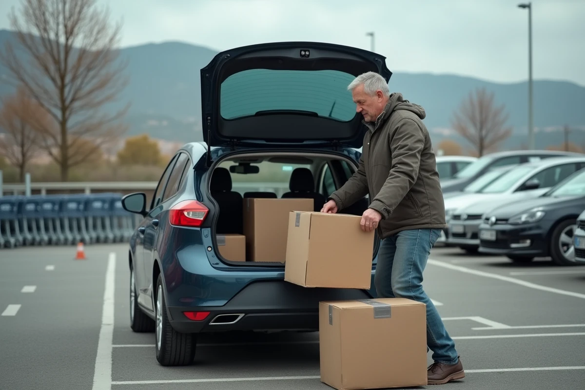 Homme chargeant des cartons de bouteilles de vin dans le coffre de sa voiture sur le parking d'un supermarché espagnol près de la frontière