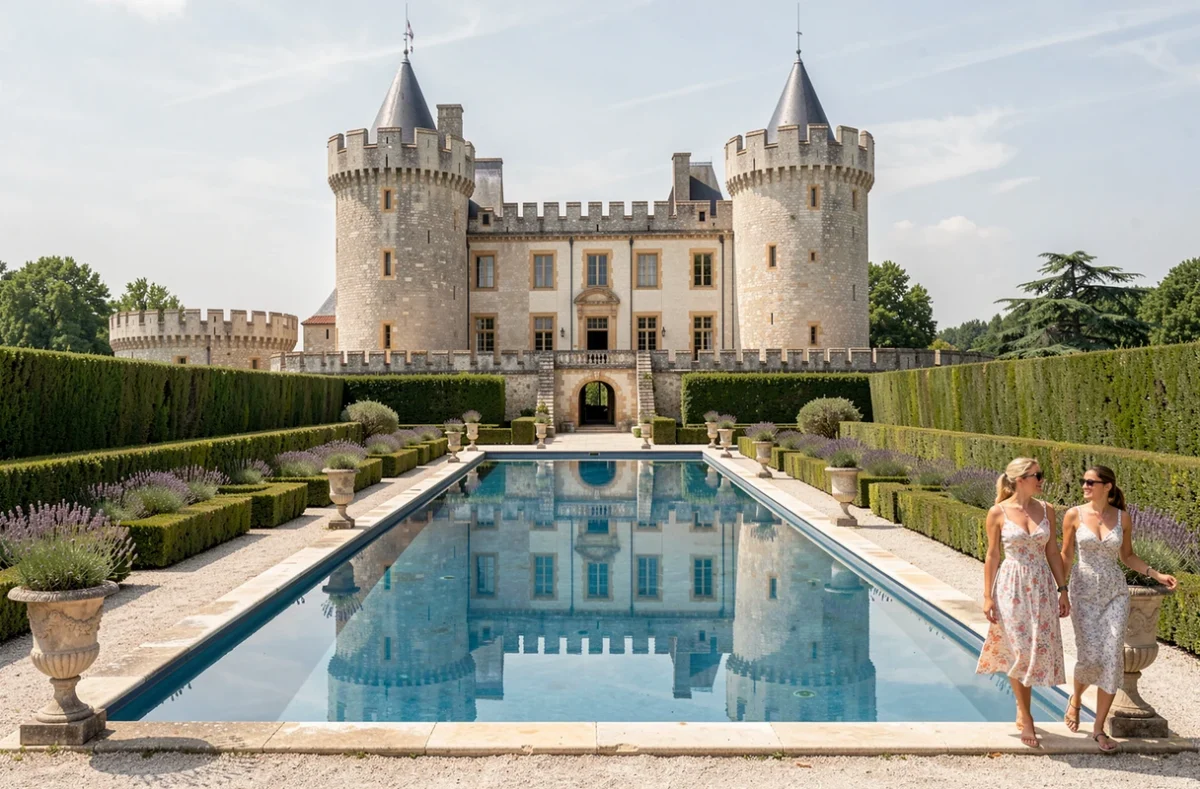Château de Jouarres dans l'Aude avec sa piscine formelle reflétant les tours médiévales et les jardins à la française