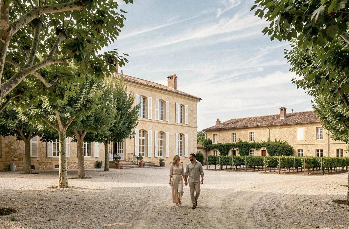 Façade majestueuse du Château et Village Castigno à Assignan entouré de vignes languedociennes