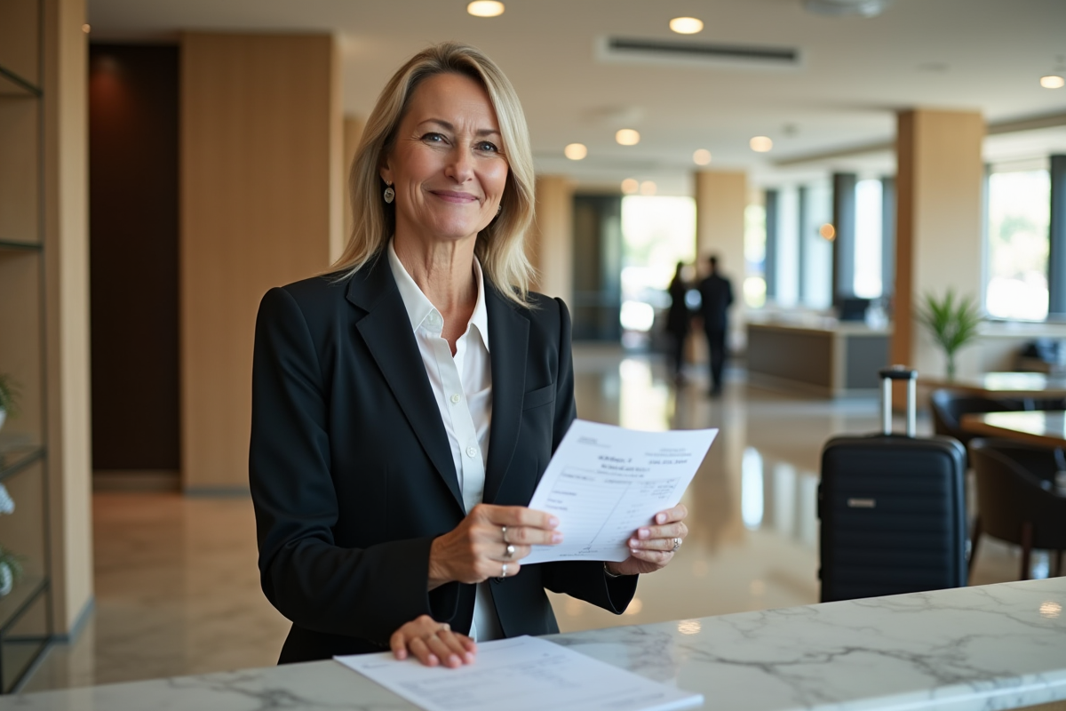 Femme d affaires souriante au check-out hotel