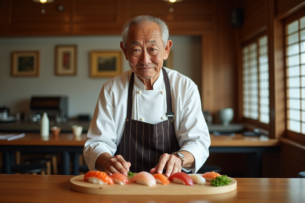 Chef asiatique préparant des sushis dans un restaurant traditionnel