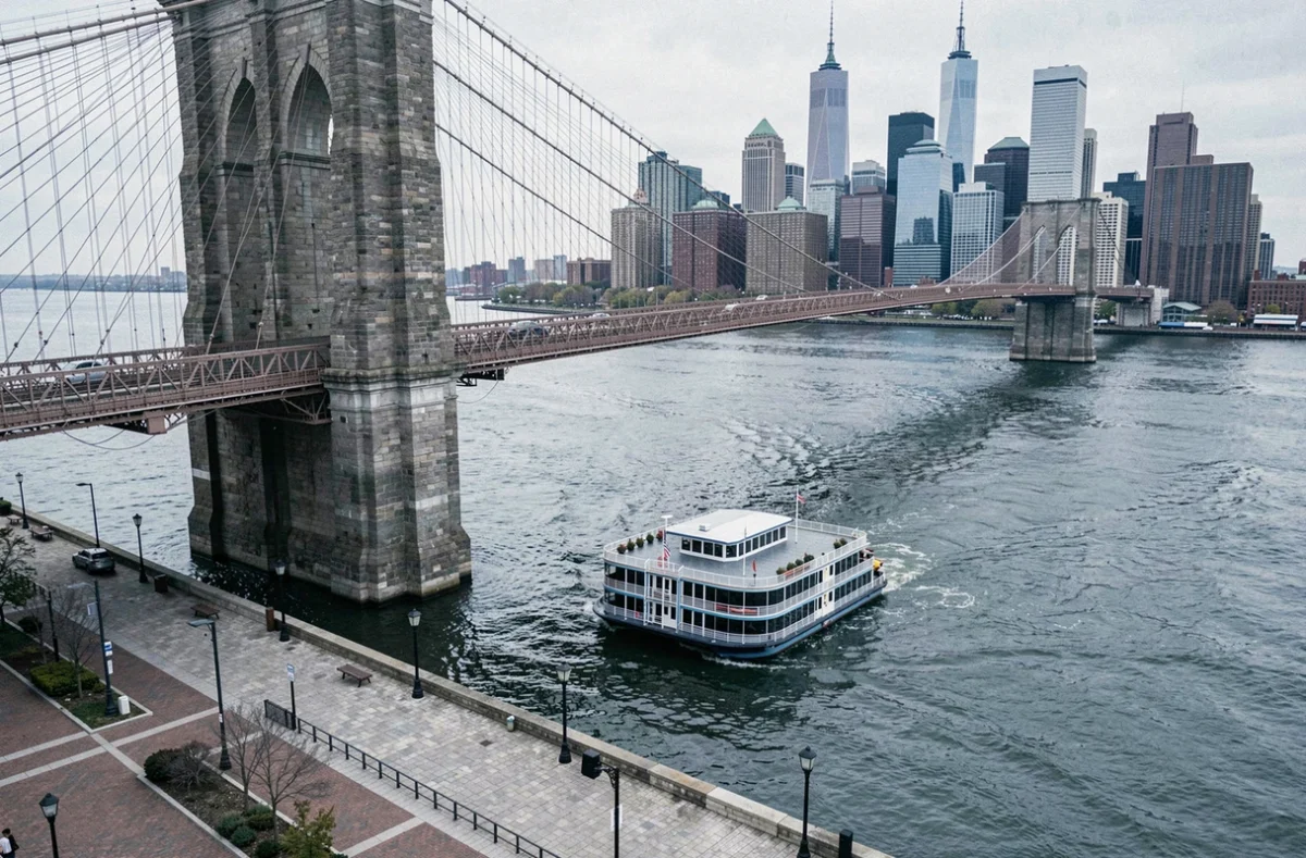Bateau Circle Line passant sous le Brooklyn Bridge avec le skyline de Manhattan visible au loin