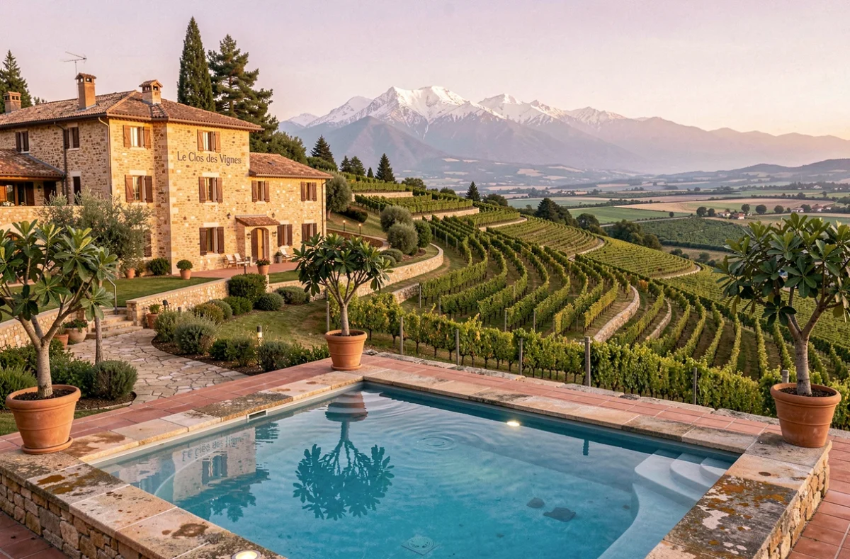 Terrasse spa du Clos des Vignes dans les Pyrénées-Orientales avec vignes en terrasses et pic enneigé au loin