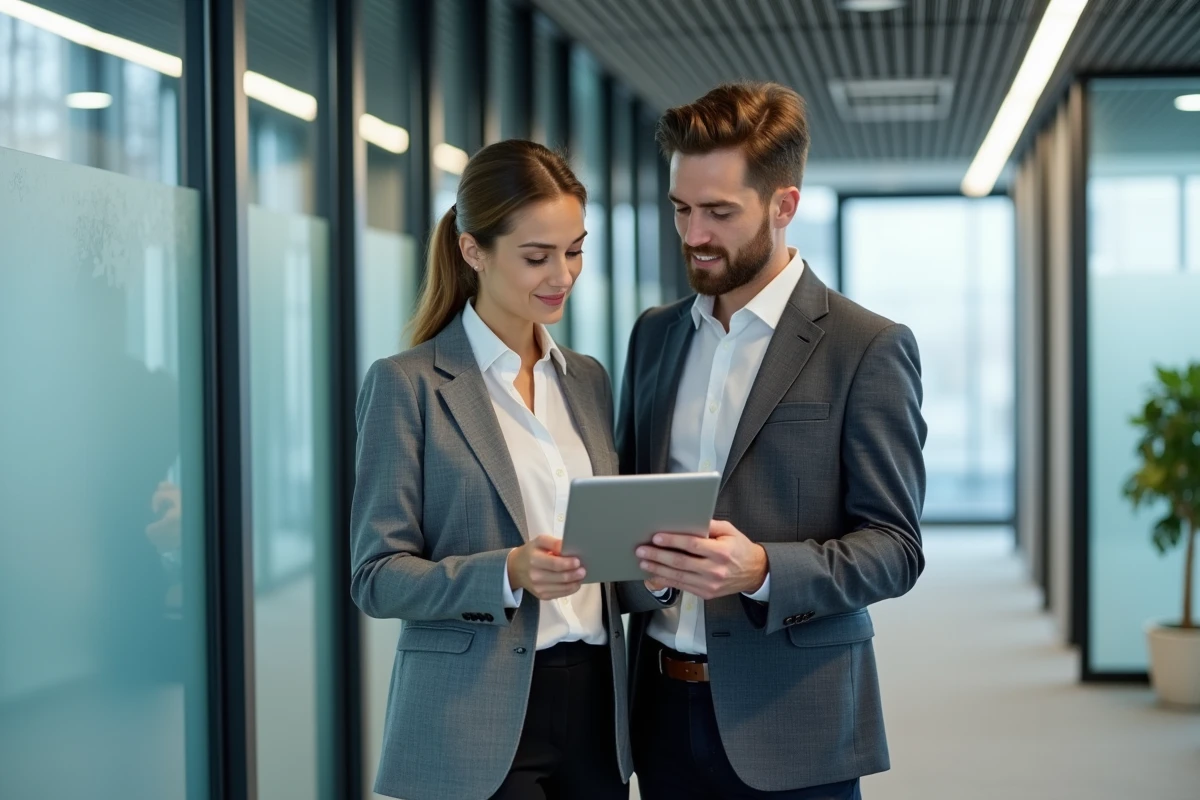 Deux collègues révisant ensemble un message professionnel de bonnes vacances sur une tablette dans un couloir de bureau
