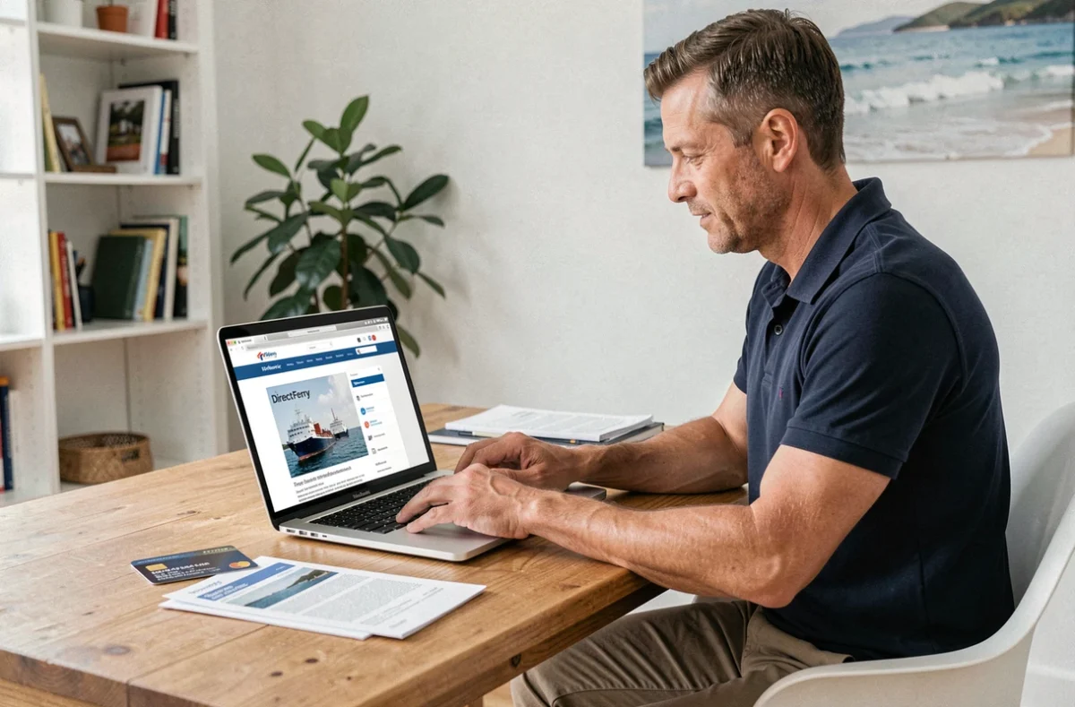 Homme comparant des billets de ferry remboursables sur le site DirectFerry depuis son bureau à domicile