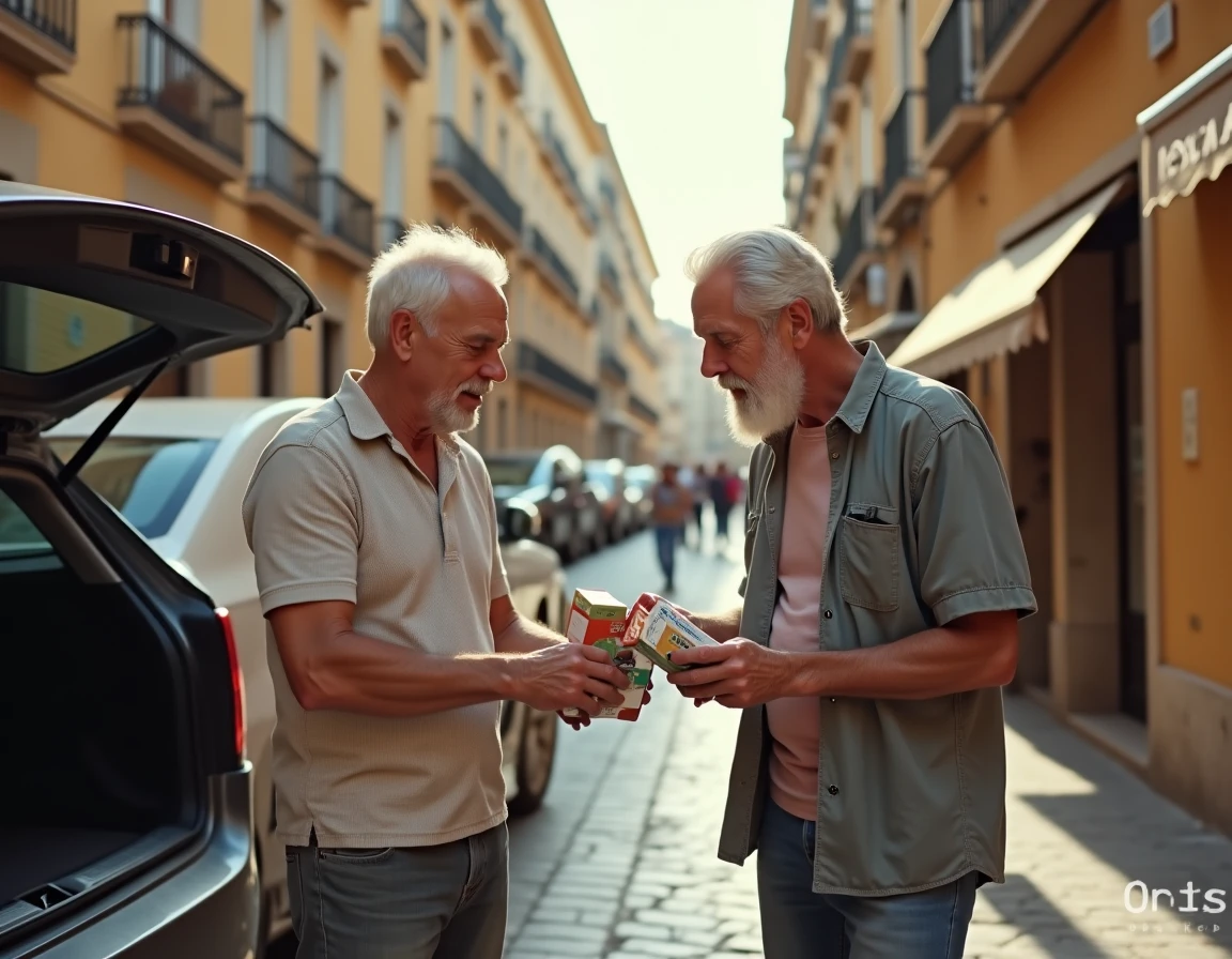 Deux amis comparant des cartouches de cigarettes achetées en Espagne lors d'un voyage frontalier