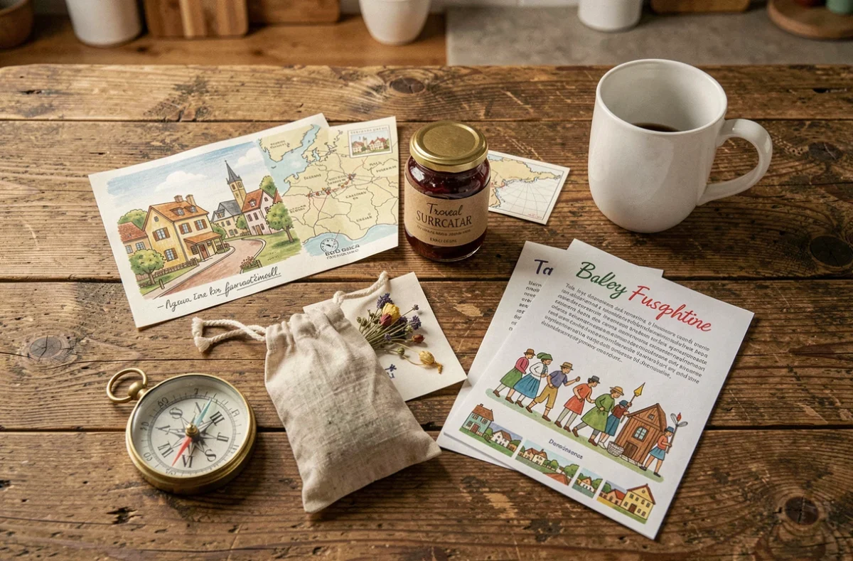 Flat lay des produits d'une box voyage sur une table en bois avec carte postale, spécialités locales et objets artisanaux