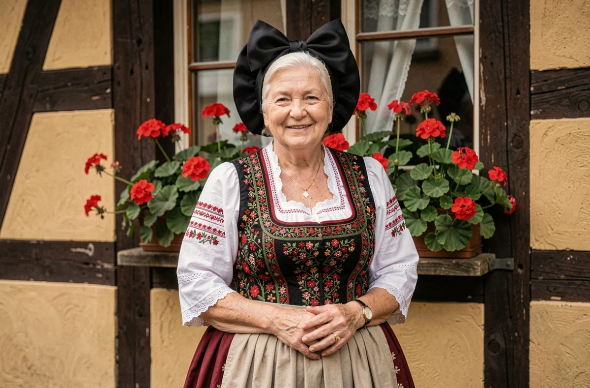 Femme âgée en costume traditionnel alsacien Tracht avec nœud noir devant une maison à colombages à Obernai