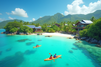 Côte turquoise avec kayak et snorkeling près d'un éco-resort durable