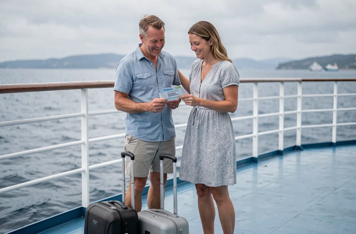 Couple sur le pont d'un ferry tenant un billet imprimé et discutant des options de modification ou remboursement