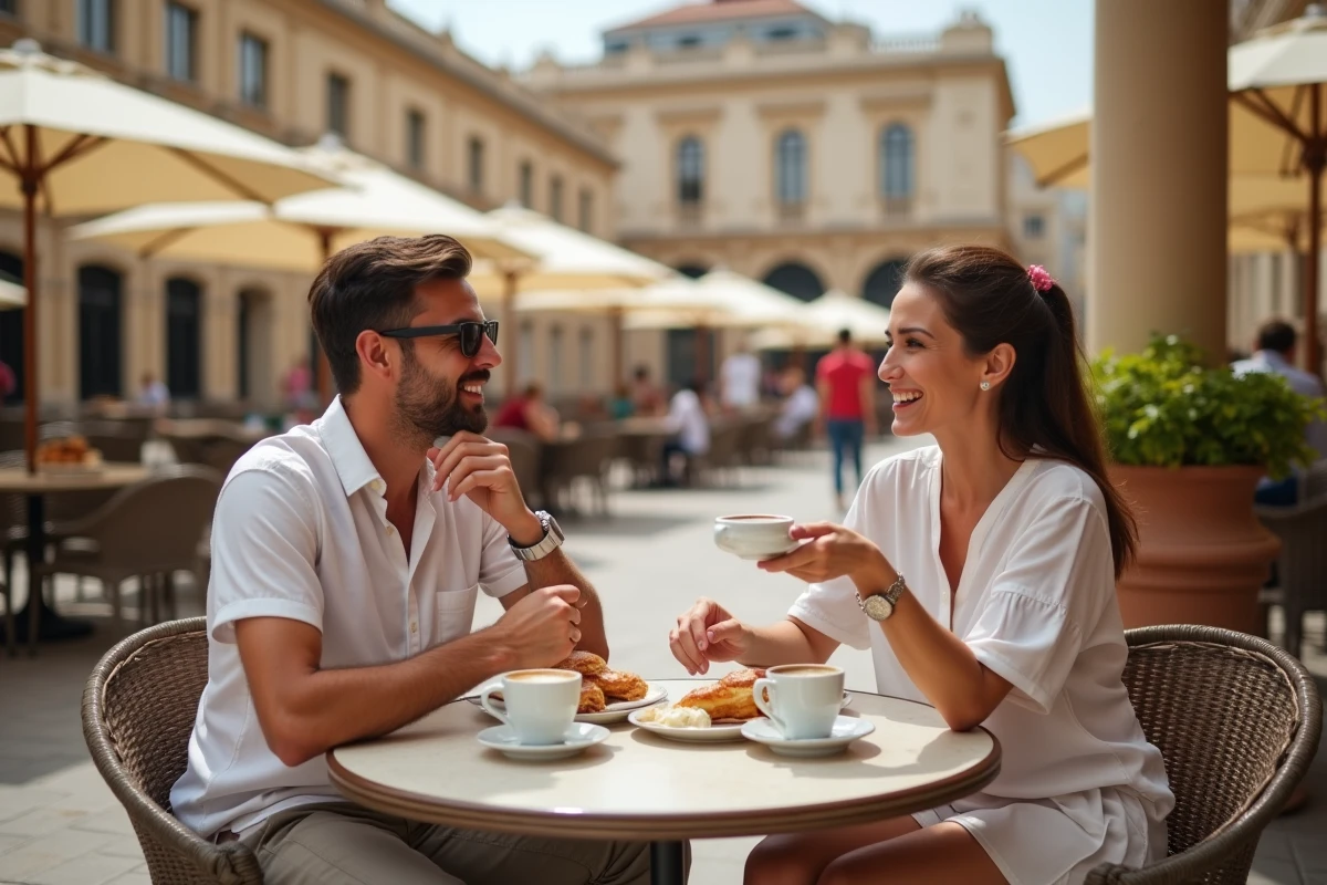 Couple savourant un café et des pastizzi en terrasse sur la Place de la République à La Valette