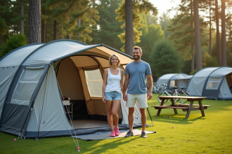 Couple souriant en camping familial en plein air