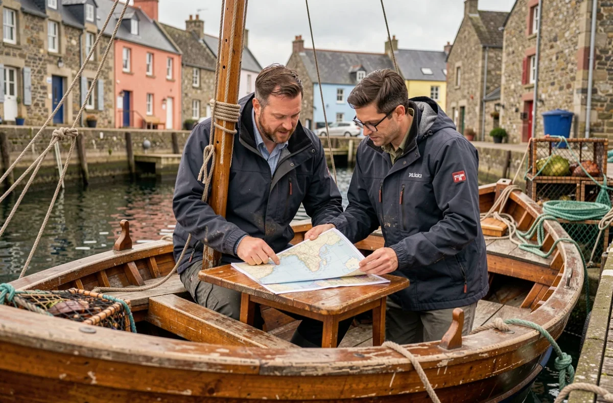 Couple consultant une carte nautique à bord d'un bateau traditionnel breton amarré dans un port pittoresque