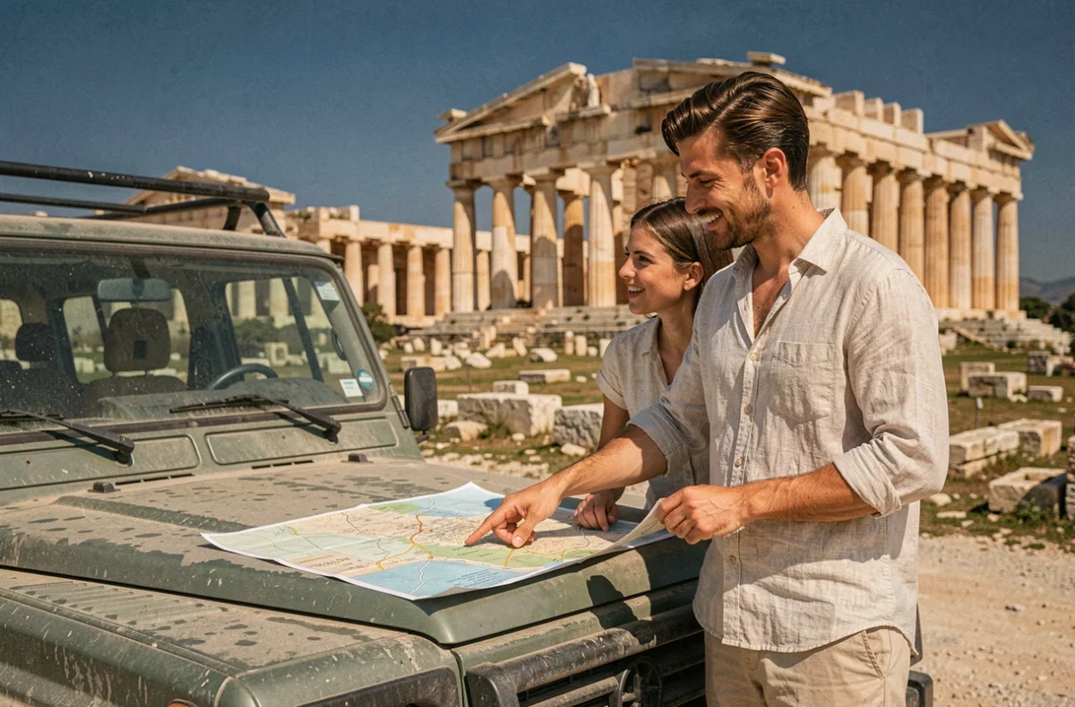 Couple consultant une carte routière devant les temples grecs d'Agrigente lors d'un road trip en Sicile