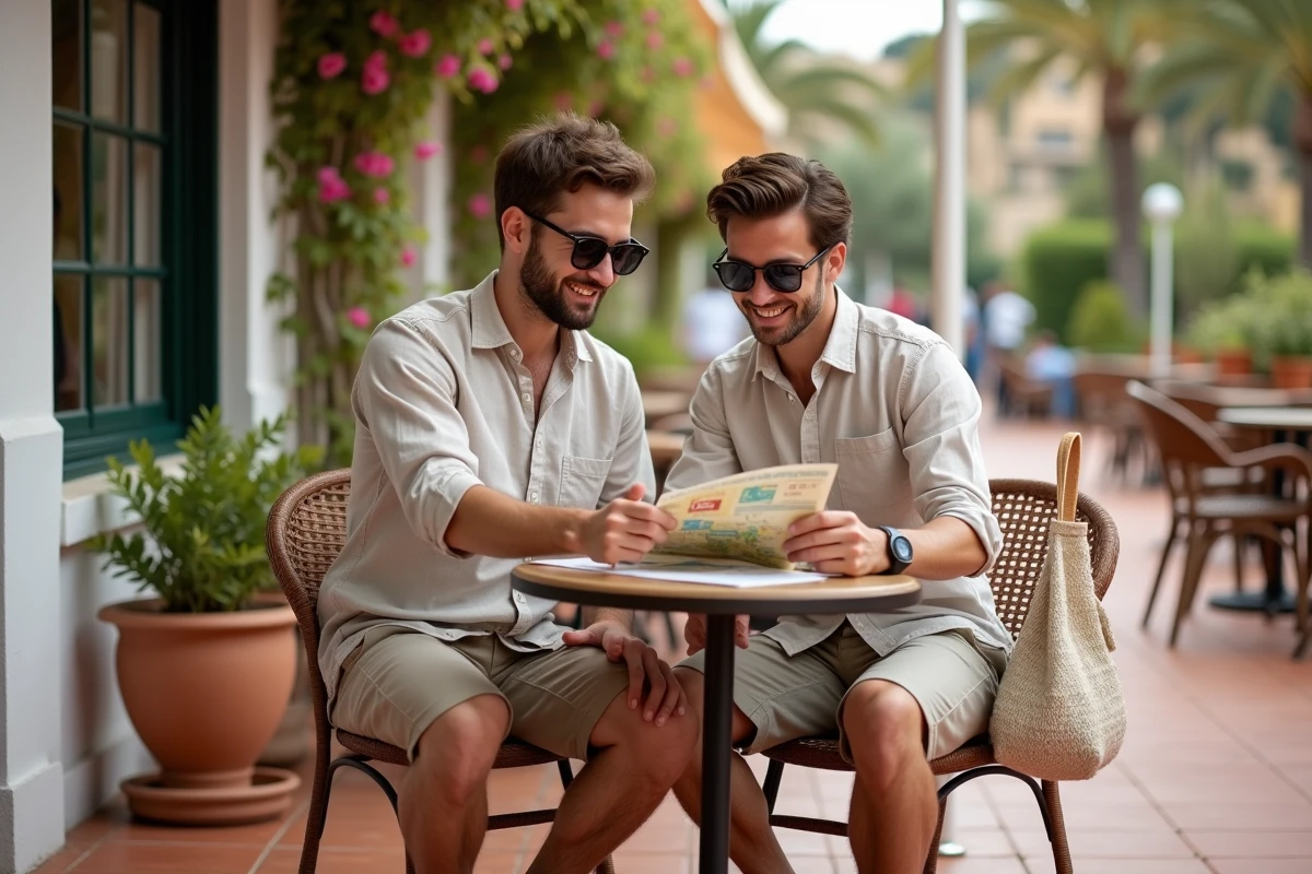 Couple consultant le plan d'un parc d'attractions espagnol en terrasse avec carte et boissons fraîches